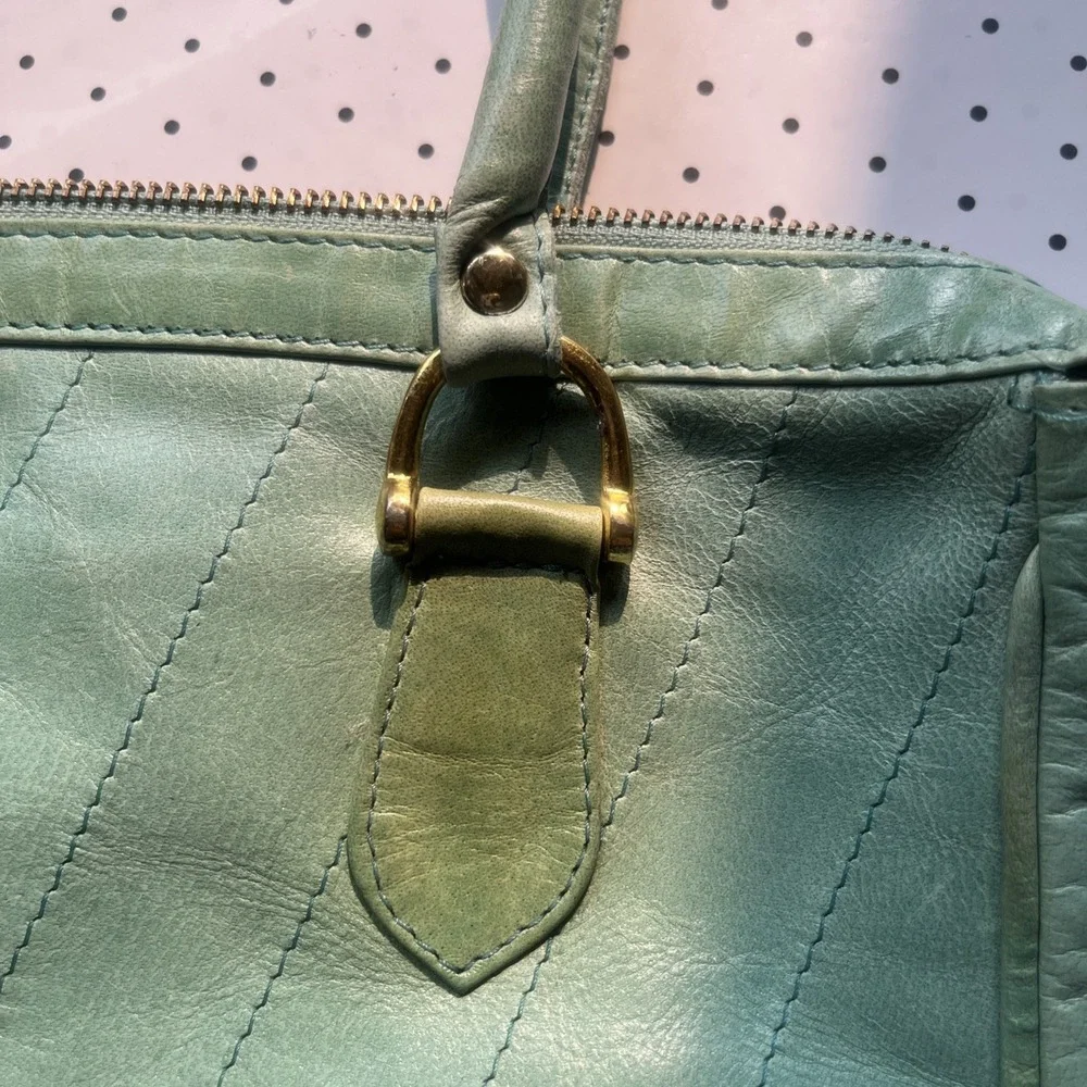 Vintage Mint Green Genuine Leather Satchel Purse Zip Top Brass Top Handle